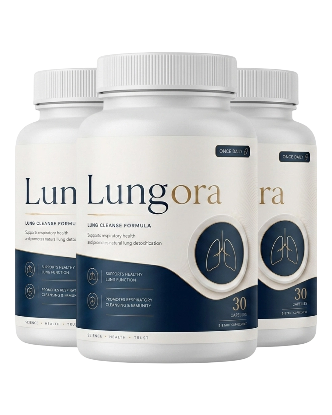 Lungora capsules and bottle showing non-stimulant six-ingredient lung formula