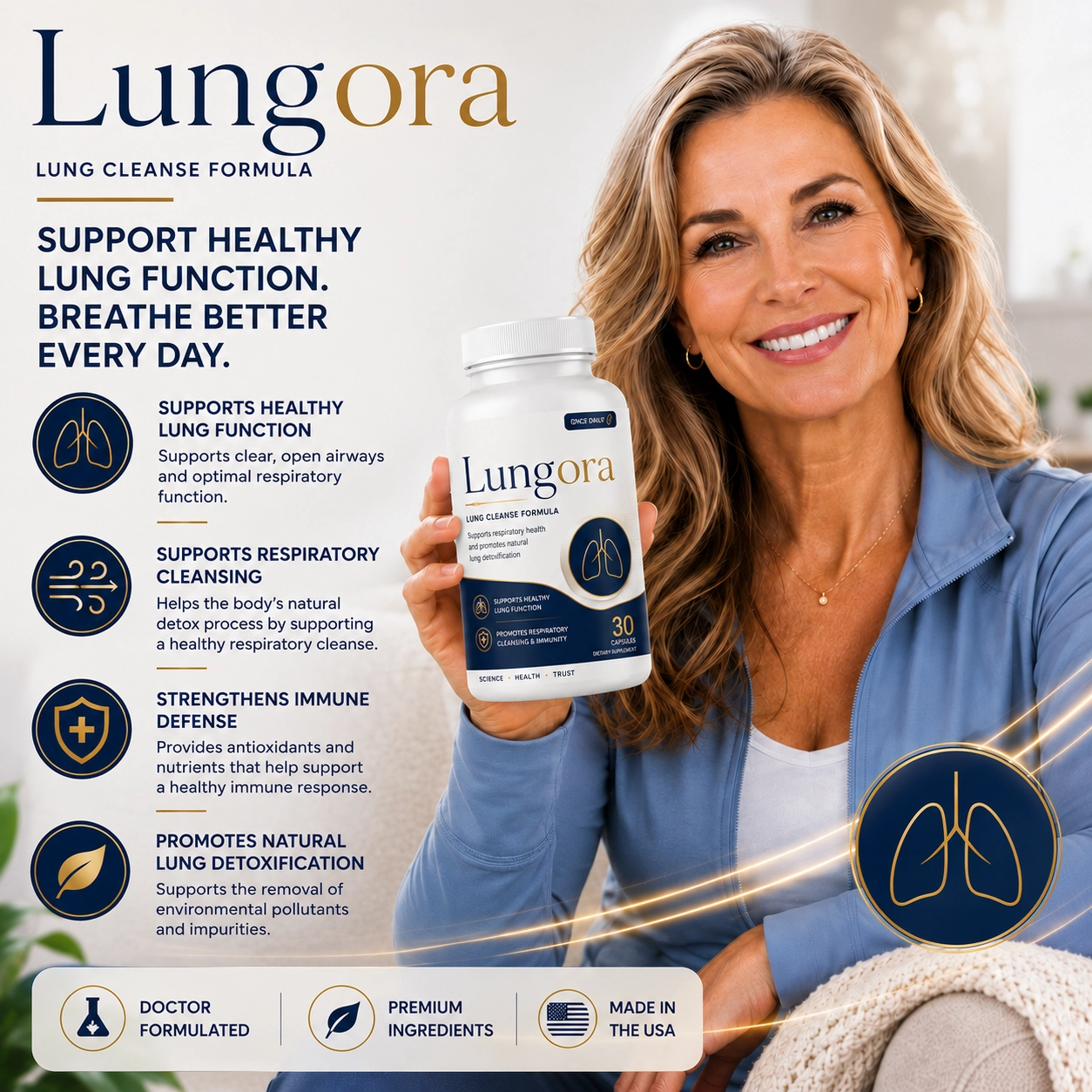 Adult over 50 breathing comfortably with Lungora daily lung support capsule